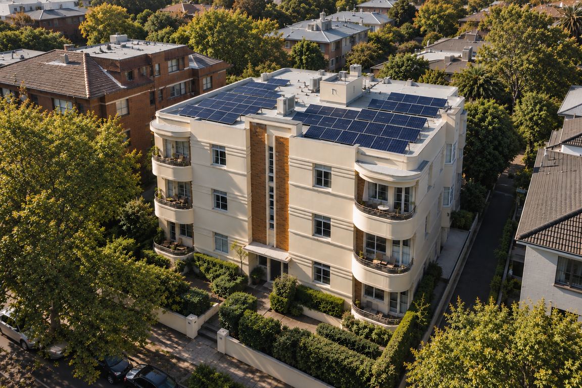 Aerial view of a low-rise apartment building with solar panels across its roof.